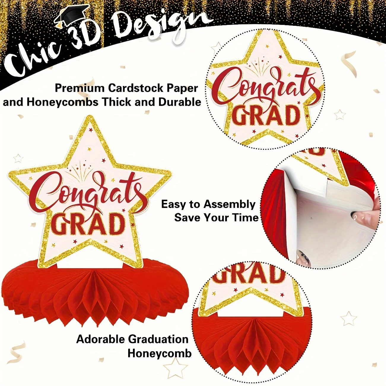 8PCS Class of 2025 Graduation Honeycomb Centerpieces 2025 Congrats Grad Table Centerpieces Red Black Congratulate Graduation