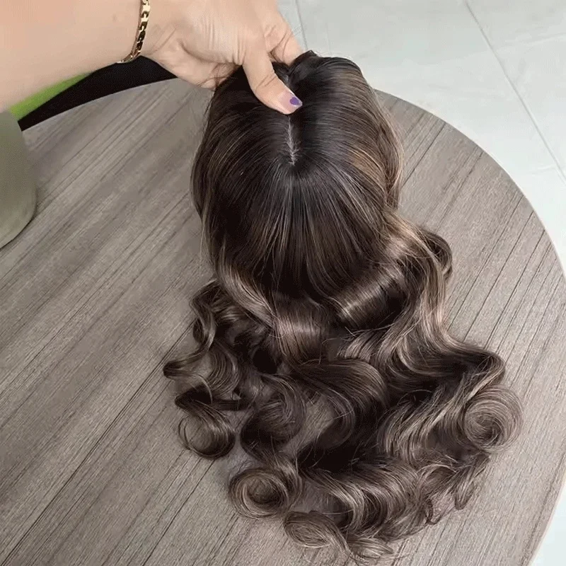 

Synthetic Wigs Elastic Highlight Chococlate Brown Wigs Trendy Long Body Wave Lace Top Wigs High Density Cheap Wigs For Women