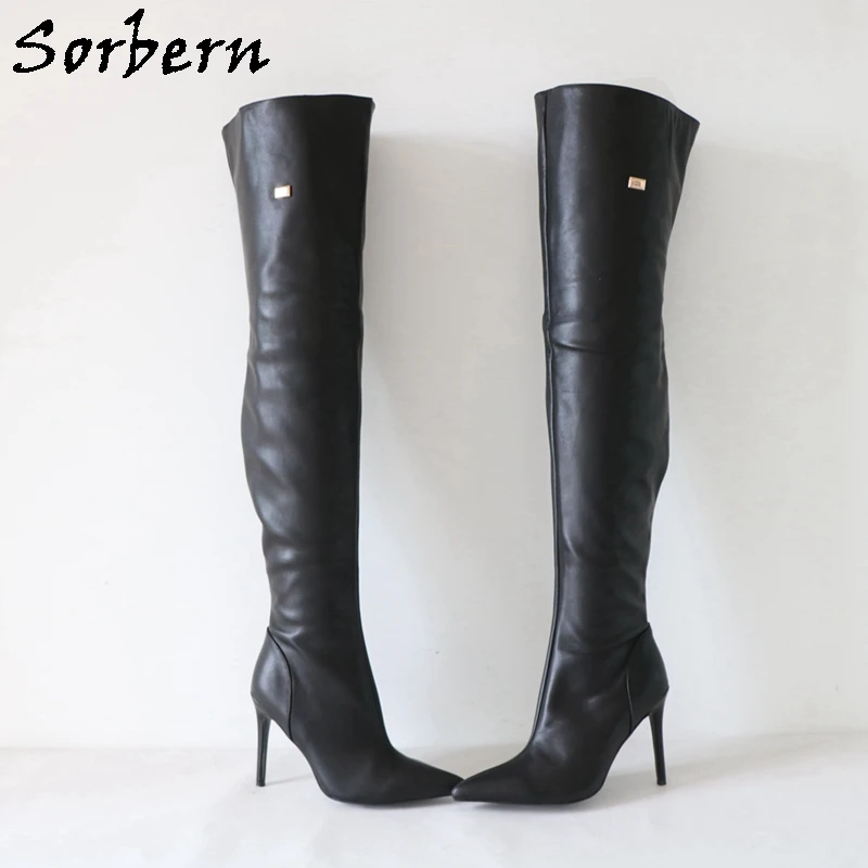 Sorbern أسود ماتي أحذية النساء فوق الركبة الفخذ عالية أحذية نسائية أشار تو الخناجر عالية الكعب لون مخصص
