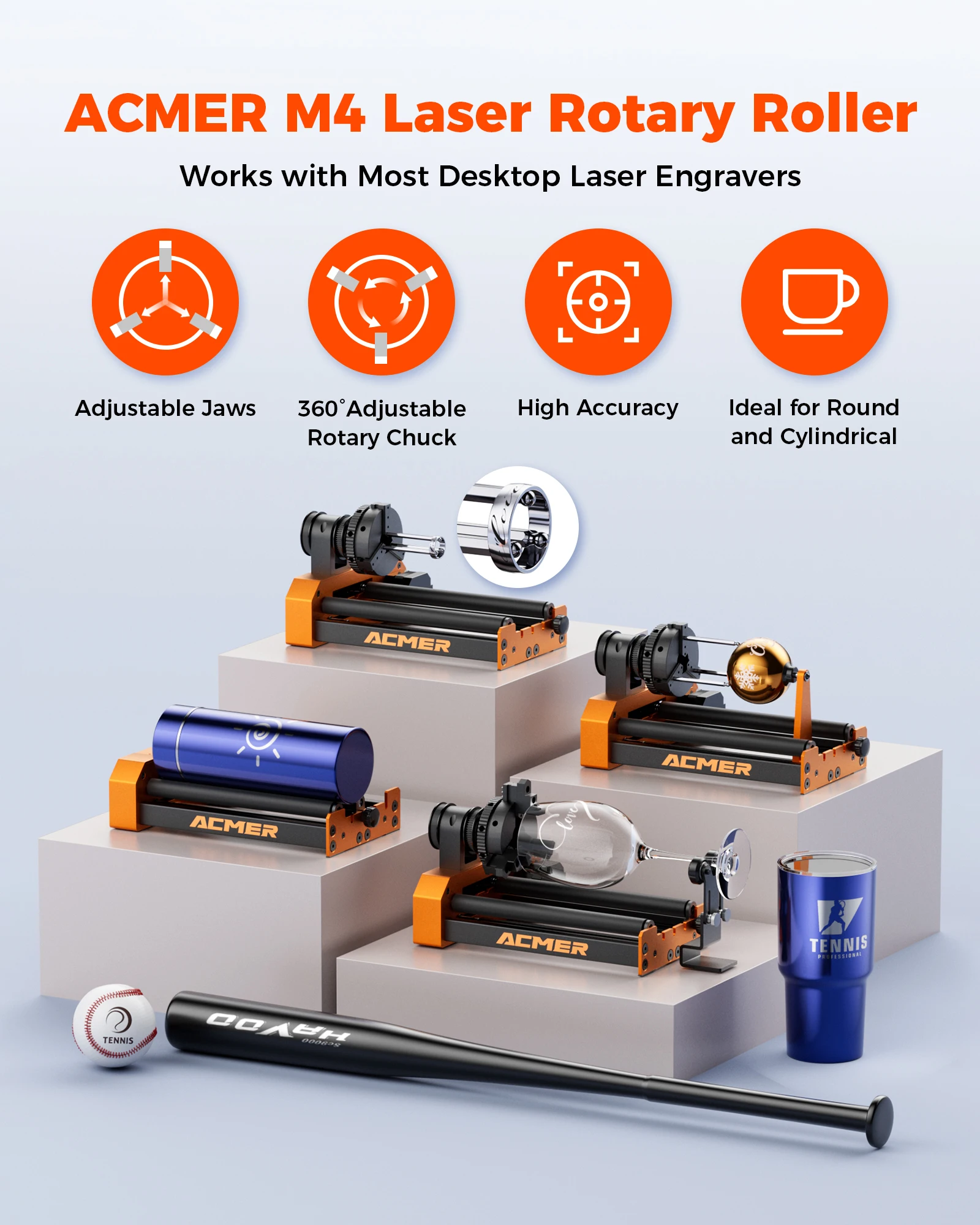 ACMER M4 Laser Engraver Rotary Module 4th Axis Rotary For Rotary Axis Clamp Diameter 4-64mm Accessories Curved Surface 3-Jaw