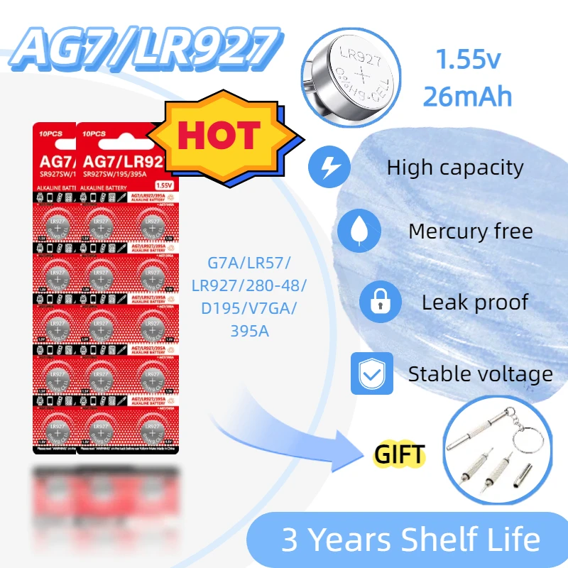 

2-100PCS AG7 1.55V LR927 SR927SW 395A Alkaline Coin Cell Silver Oxide Button Battery For Watch Toys Remote Calculator Car key