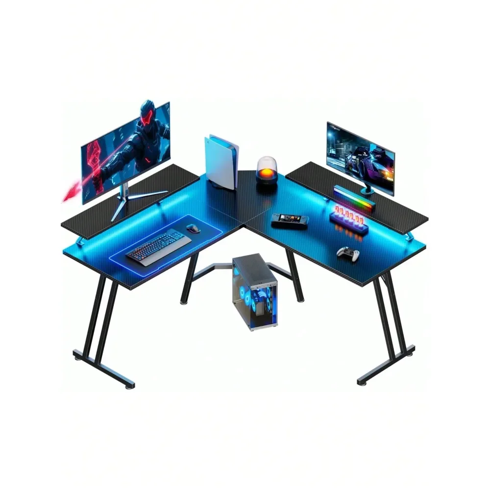 

51 Inch L Shaped Gaming Desk With Monitor Stand And LED Lights, Corner Computer Desk With Carbon Fiber Surface, PC Gaming Table