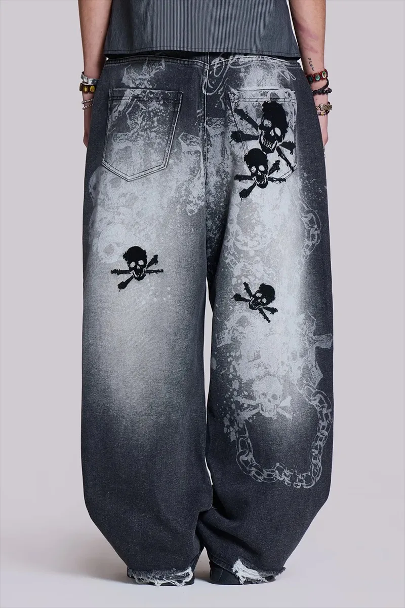 

Y2K Street Fashion New Oversized Skull Offset Loose Jeans Men Harajuku Rock Popular Casual High Waist Straight Wide Leg Pants