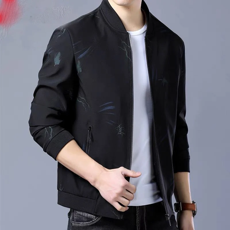 Fashion Stand Collar Zipper Pockets Printed Business Jackets Men's Clothing 2024 Autumn New Loose All-match Tops Casual Coats