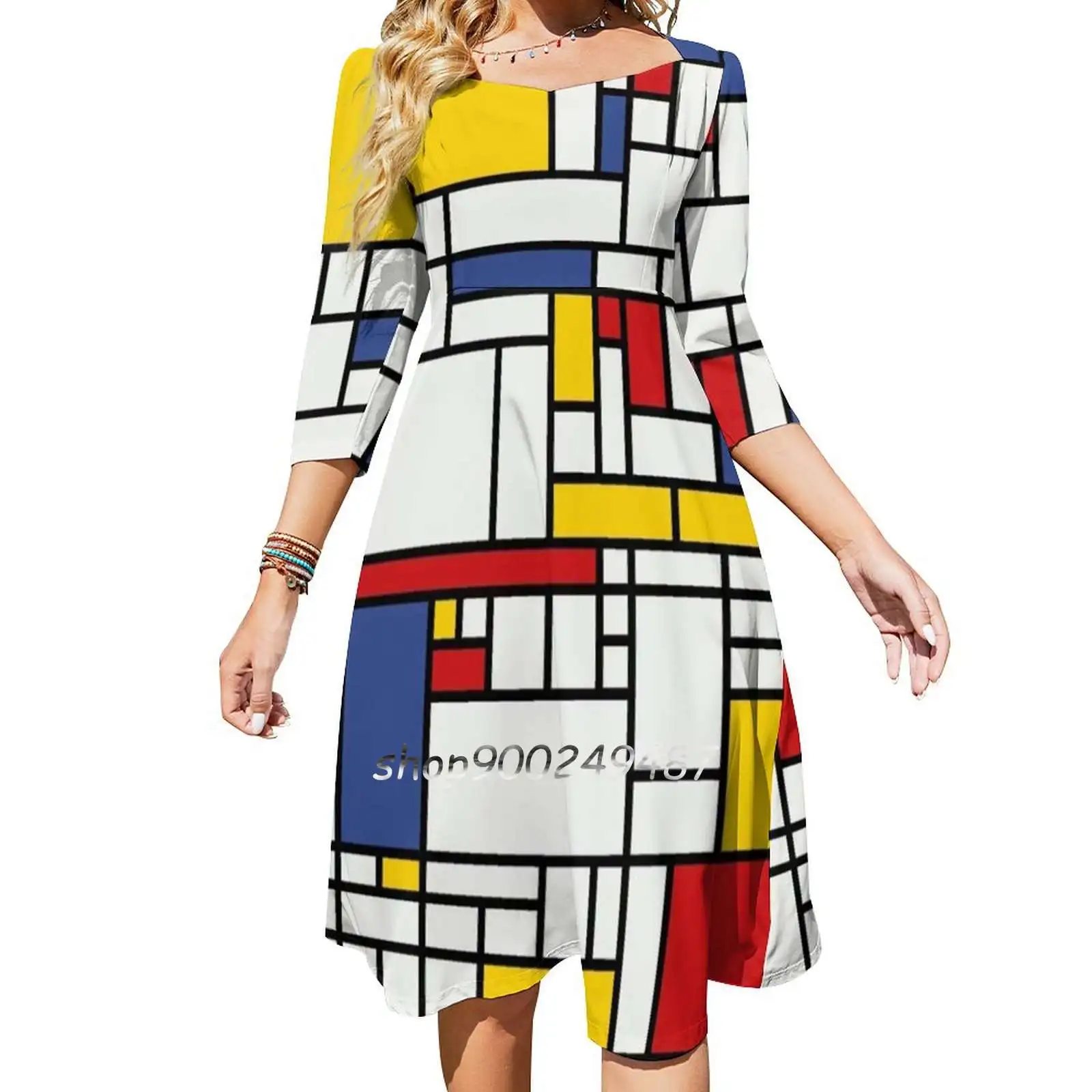 Piet Mondrian Square Neck Dress Cute Loose Print Dresses Elegant Beach Party Dress Piet Mondrian Mondrian Piet Mondrian Art The