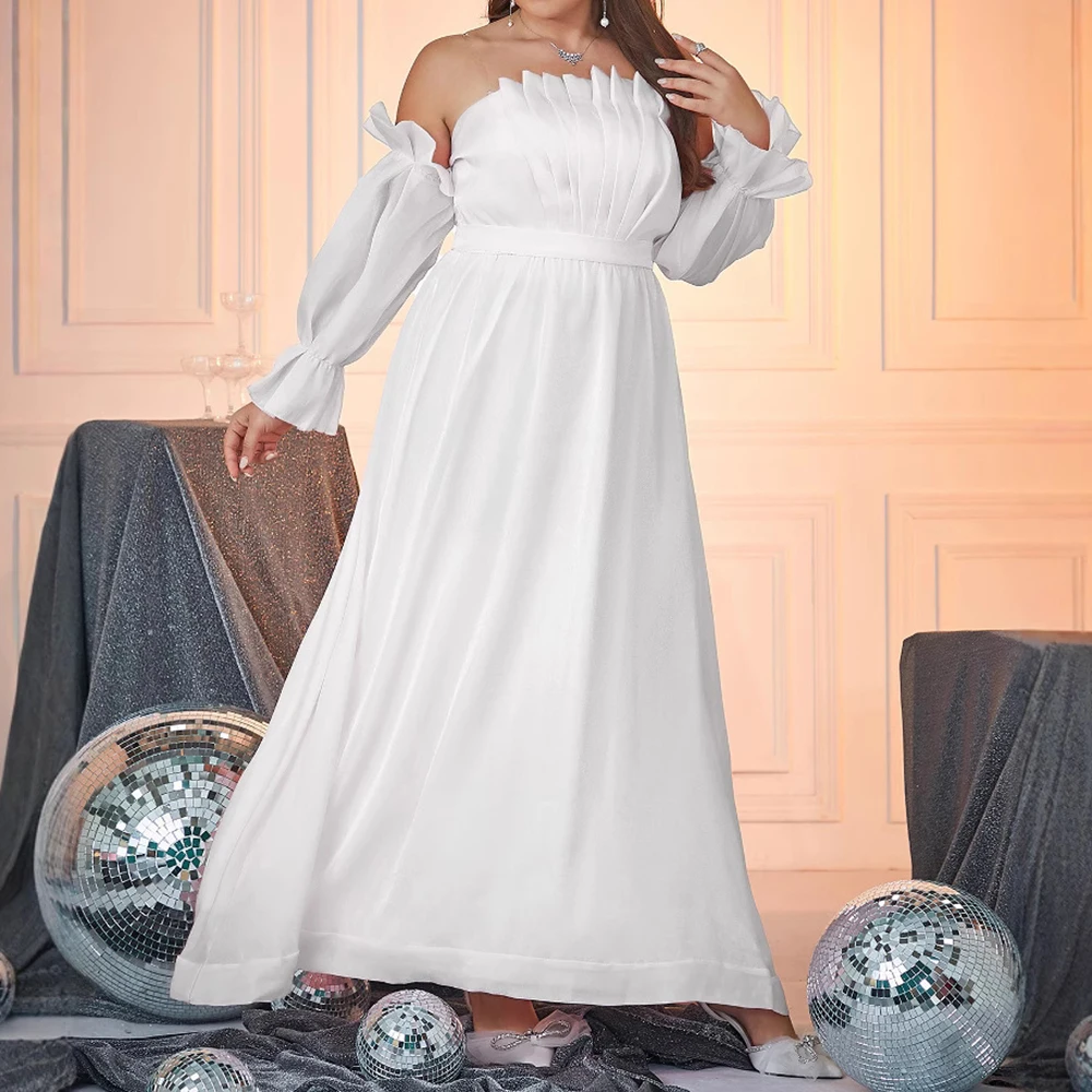 

Женское вечернее платье больших размеров с рюшами, открытыми плечами, рукавами-лепестками, завышенной талией, элегантное, для выпускного вечера, свадебное, макси-платье