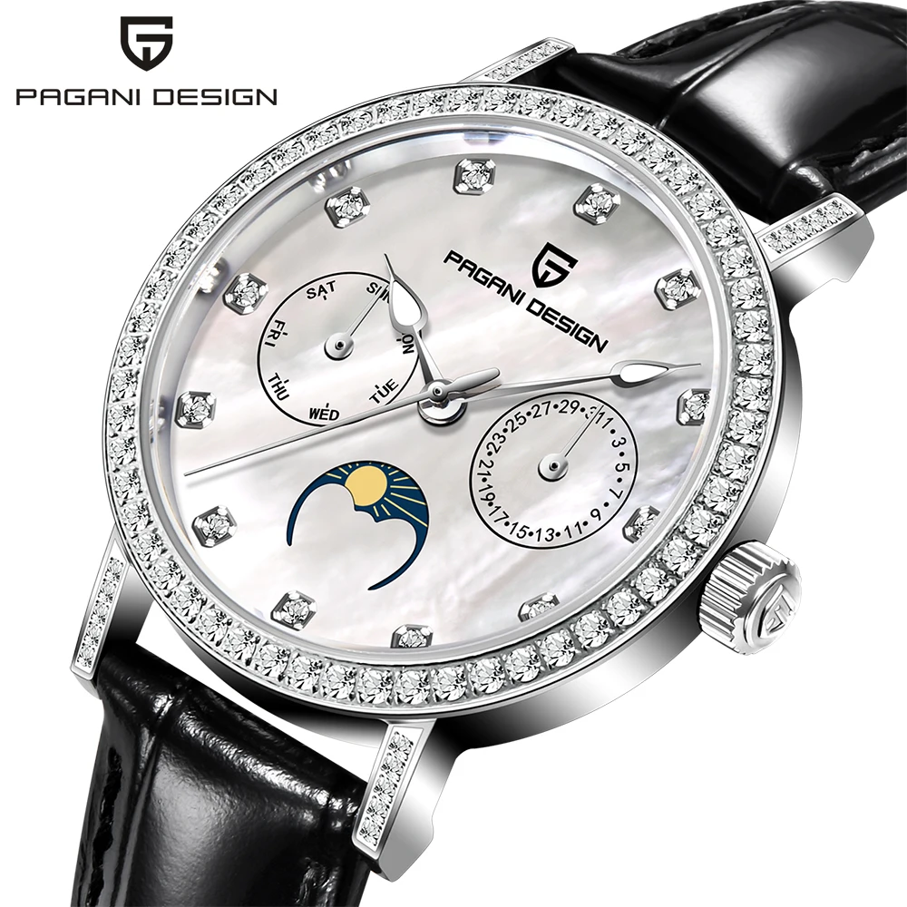 PAGANI DESIGN 1789 Reloj de cuarzo para mujer con esfera elegante con conjunto de diamantes, resistente al agua hasta 50M, calendario de cristal de zafiro, fase lunar, reloj para mujer