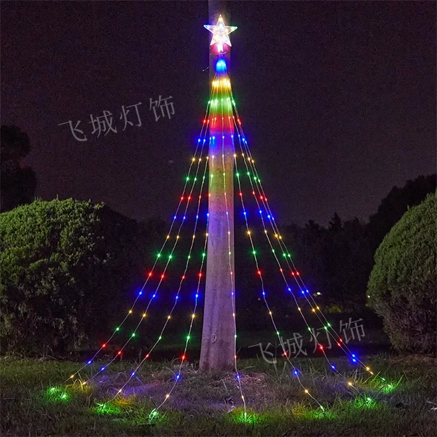 9X3M 288LED Outdoor Christmas Waterfall Star String Light Lighted Waterfall Tree Hanging String Light Topper Star Fairy Light