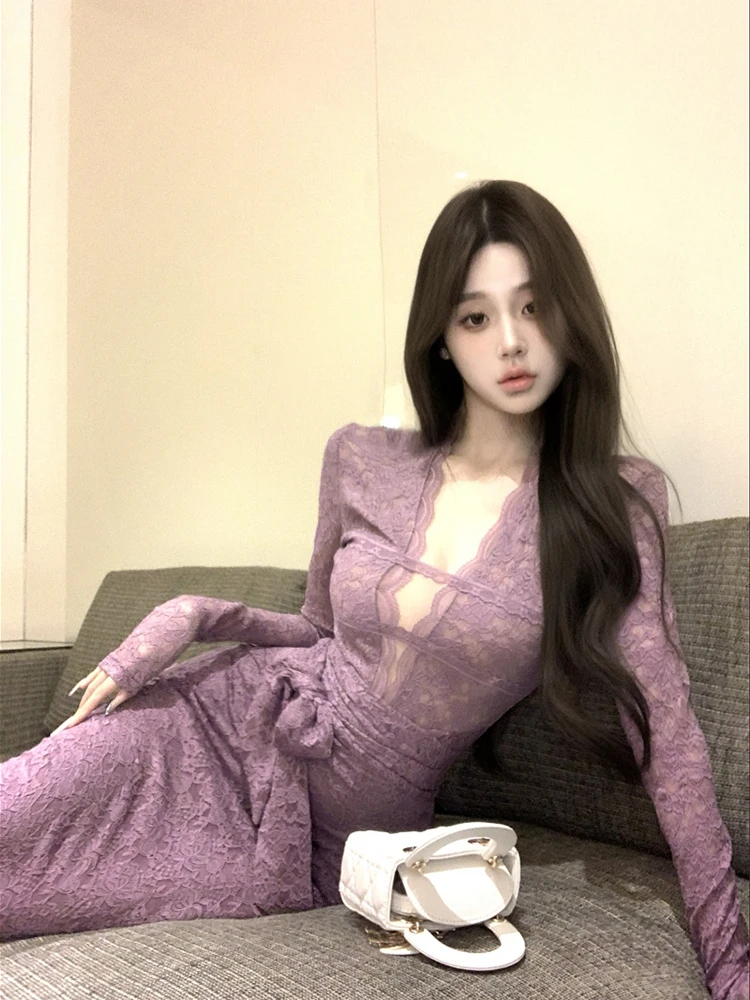 Dresses Women Elegant Sexy Lace Patchwork Long Sleeve Slim Vintage Fashion Temperament Party Dress Female Autumn 2025 New