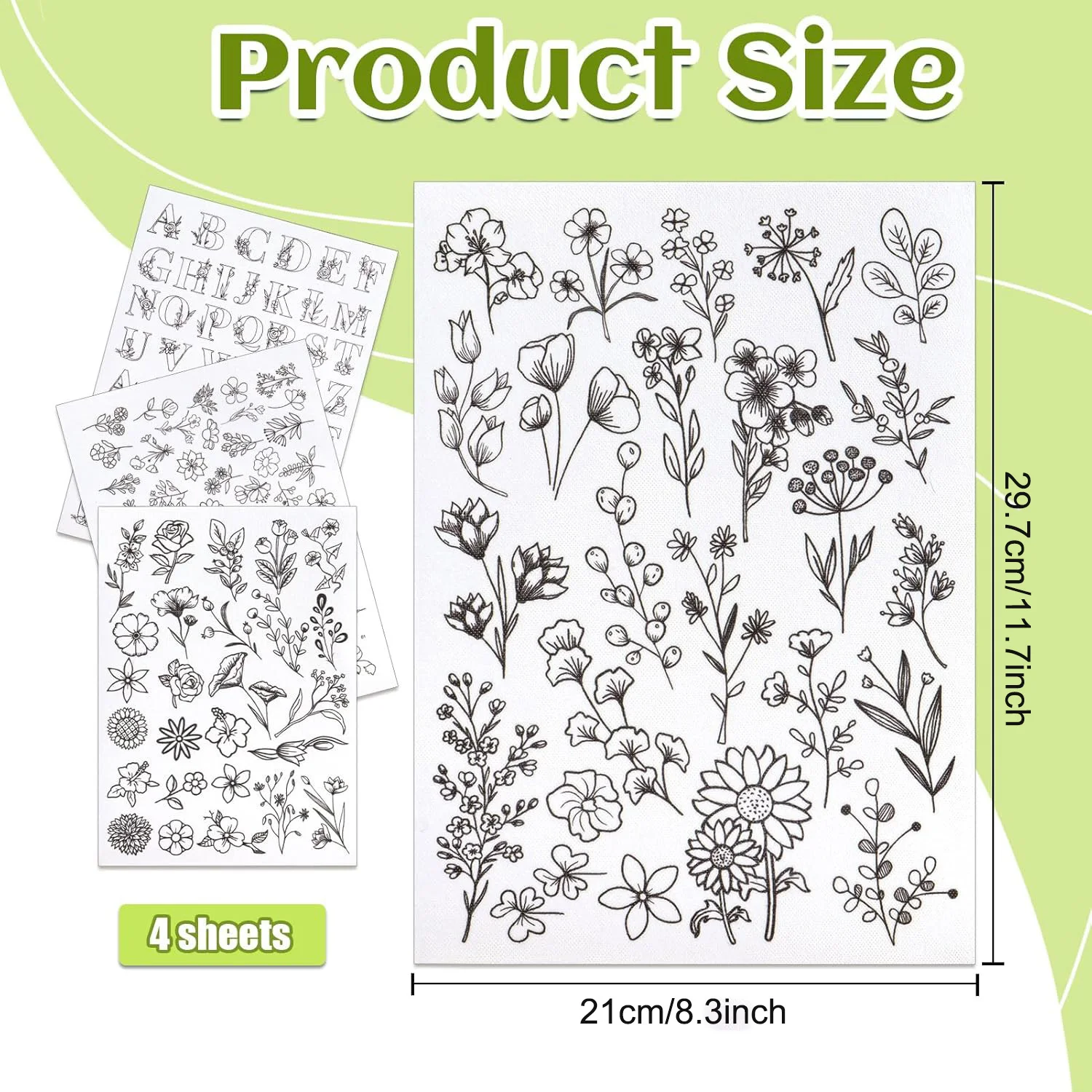 Stick and Stitch Embroidery Patterns Water Soluble Stabilizer, Wash Away Sewing Paper Pre-Printed Floral Alphabet for Hand Sew