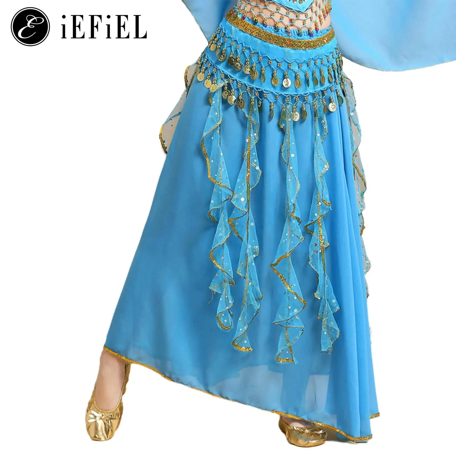 

Kids Girls Sparkly Sequin Belly Dance Skirt And Waist Chain Set Carnival Cha-cha Stage Performance Indian Belly Dance Costumes