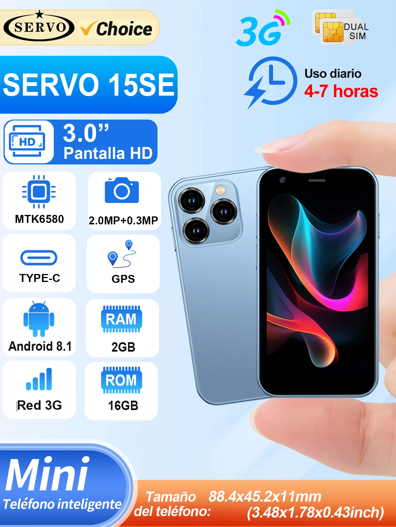 SERVO mini teléfono inteligente, pantalla de 3,0 ", 2 GB + 16 GB, 3G WCDMA, reconocimiento facial, GPS WiFi, tienda de juegos, teléfono inteligente Android, modo de reposo de doble SIM
