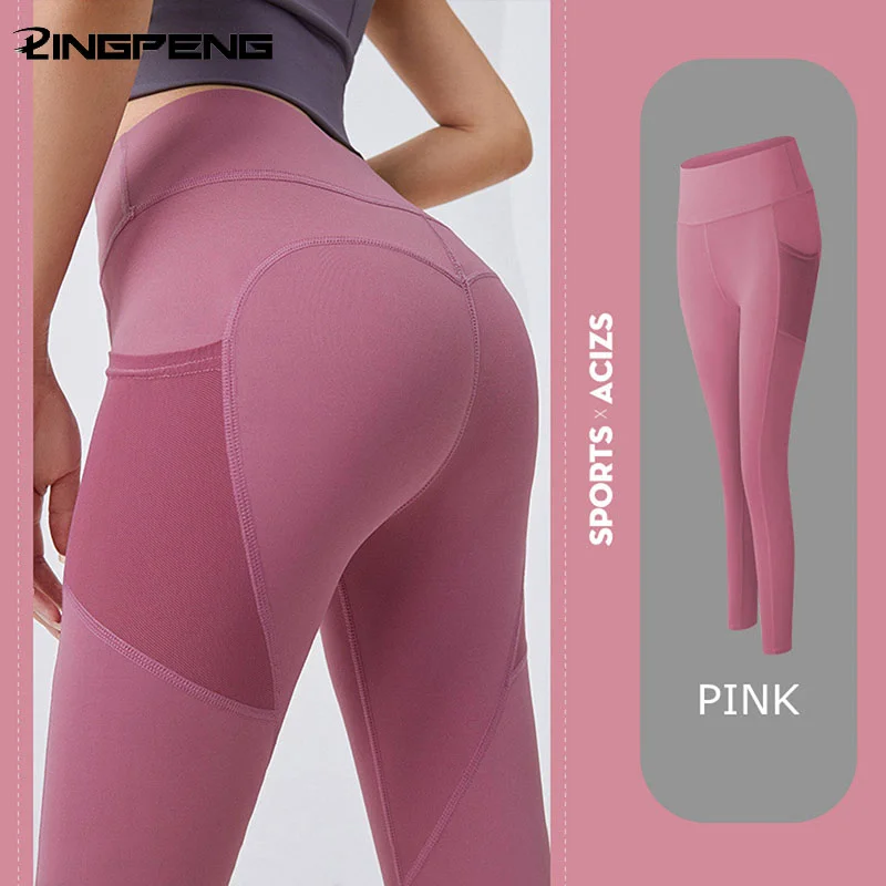 Hip Leggings Ladies High Waist Yoga Pants Long Nylon Fitness Leggings Workout Clothes Mobile Phone Storage Pockets Running