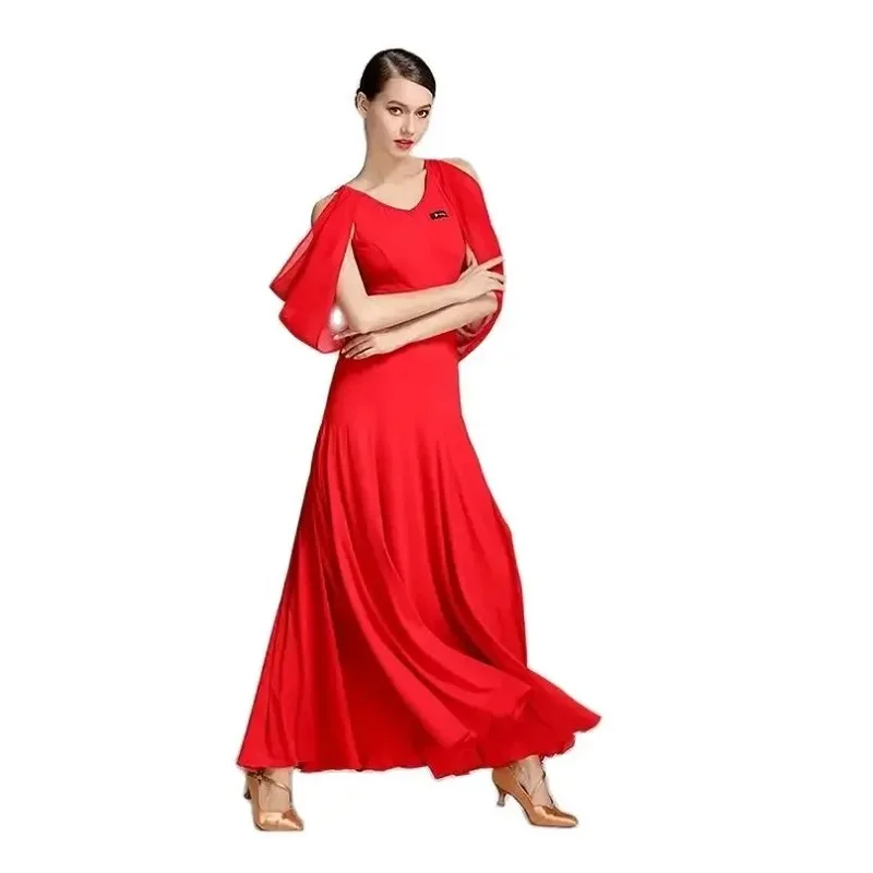 

Women Rufffle Sleeves Ballroom Dance Dress Modern Dance Costumes Flowy Dress Cocktail Party Dress Tango Dance Wear