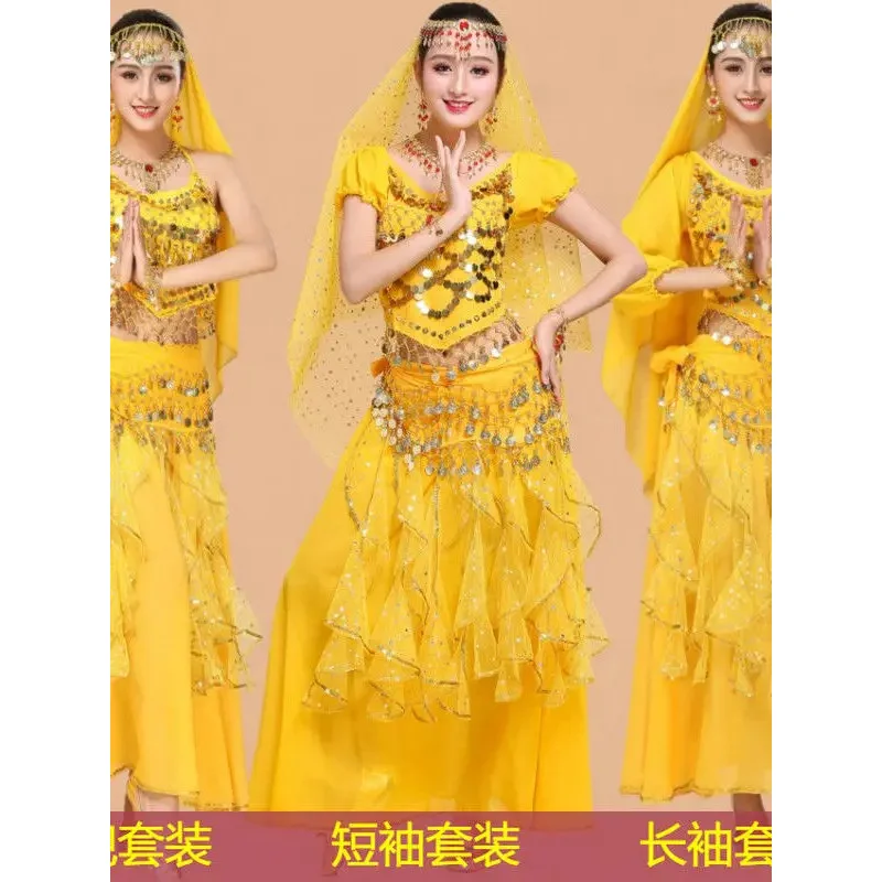 Vestido de bollywood adulto traje feminino dança indiana dança do ventre sari roupas desempenho dança roupas chiffon saia conjunto um tamanho