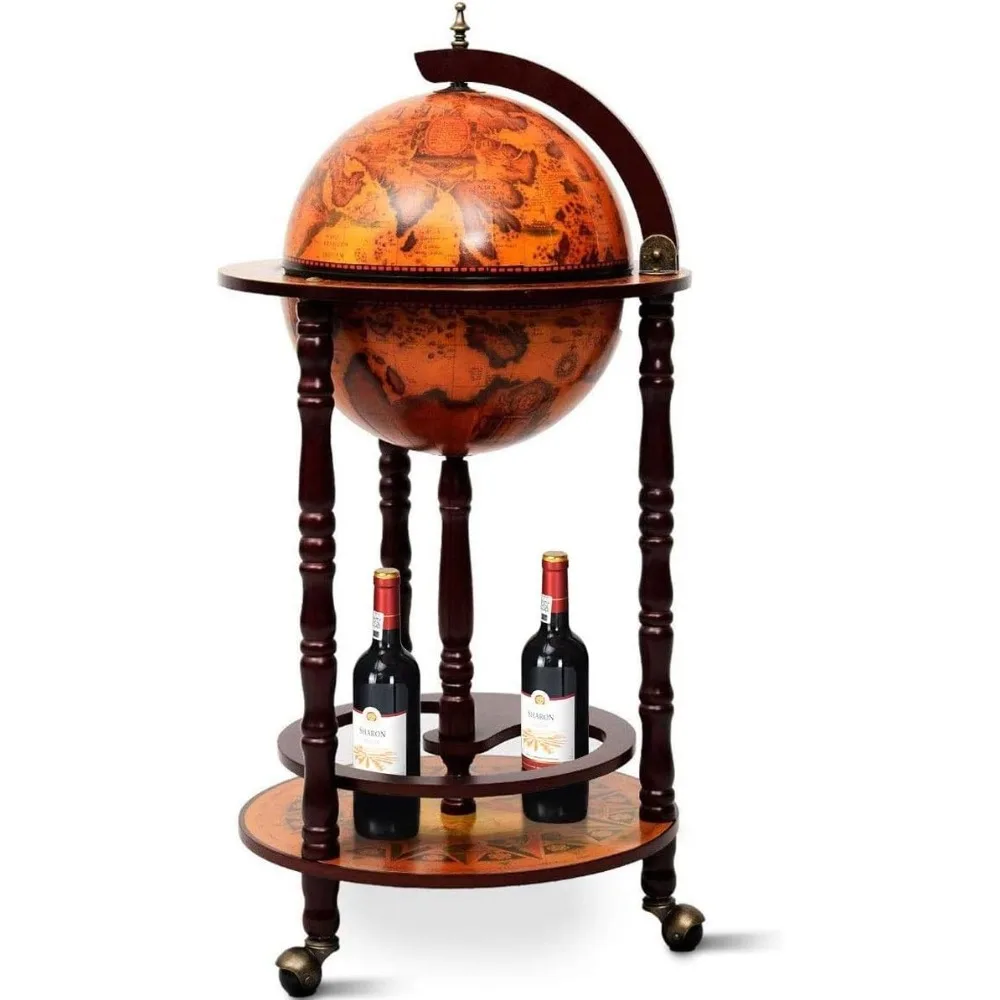 

Moccha 17” Globe Wood Wine Bar Stand, 16th Century Italian Replica Liquor Bottle Shelf w/Wheels, Wood Wine Cart Cabinet w/Bottom