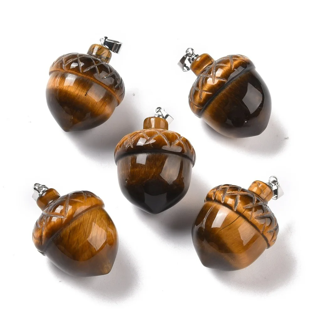 1pc Tiger Eye Pendants with Rack Plating Brass Findings Cadmium Free Lead Free Acorns 29x20~21mm Clasp: 5x4mm