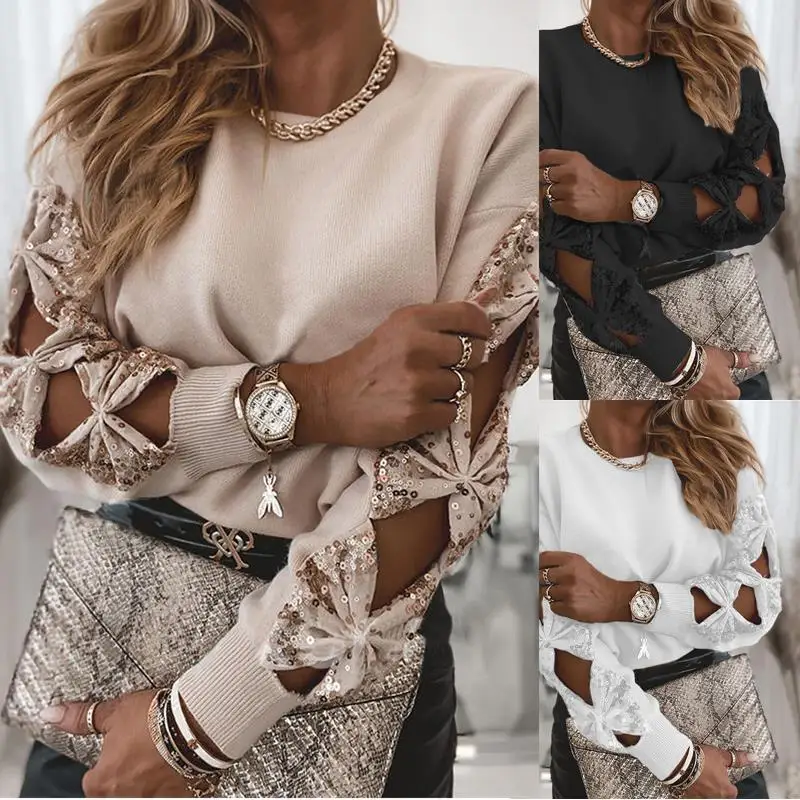 

Женский модный вязаный топ с пайетками, бантом и вырезами, длинными рукавами, в стиле пэчворк, из хлопка, зимняя коллекция