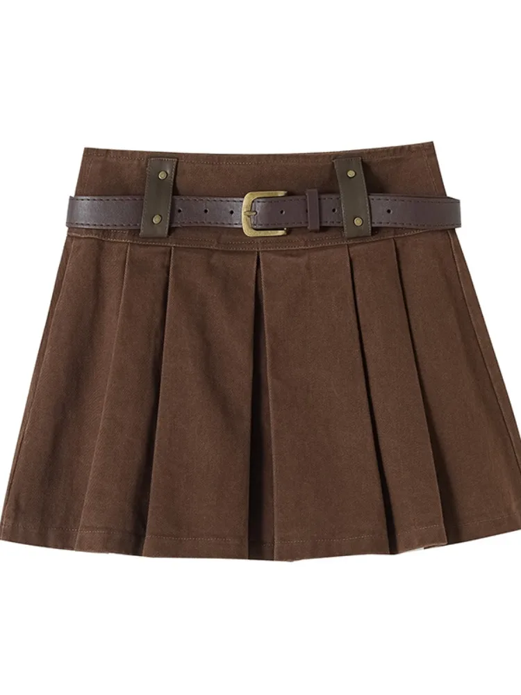 Saia plissada cor café marrom feminina cintura alta solta linha a anti-luz ort saia confortável fibra de poliéster macia