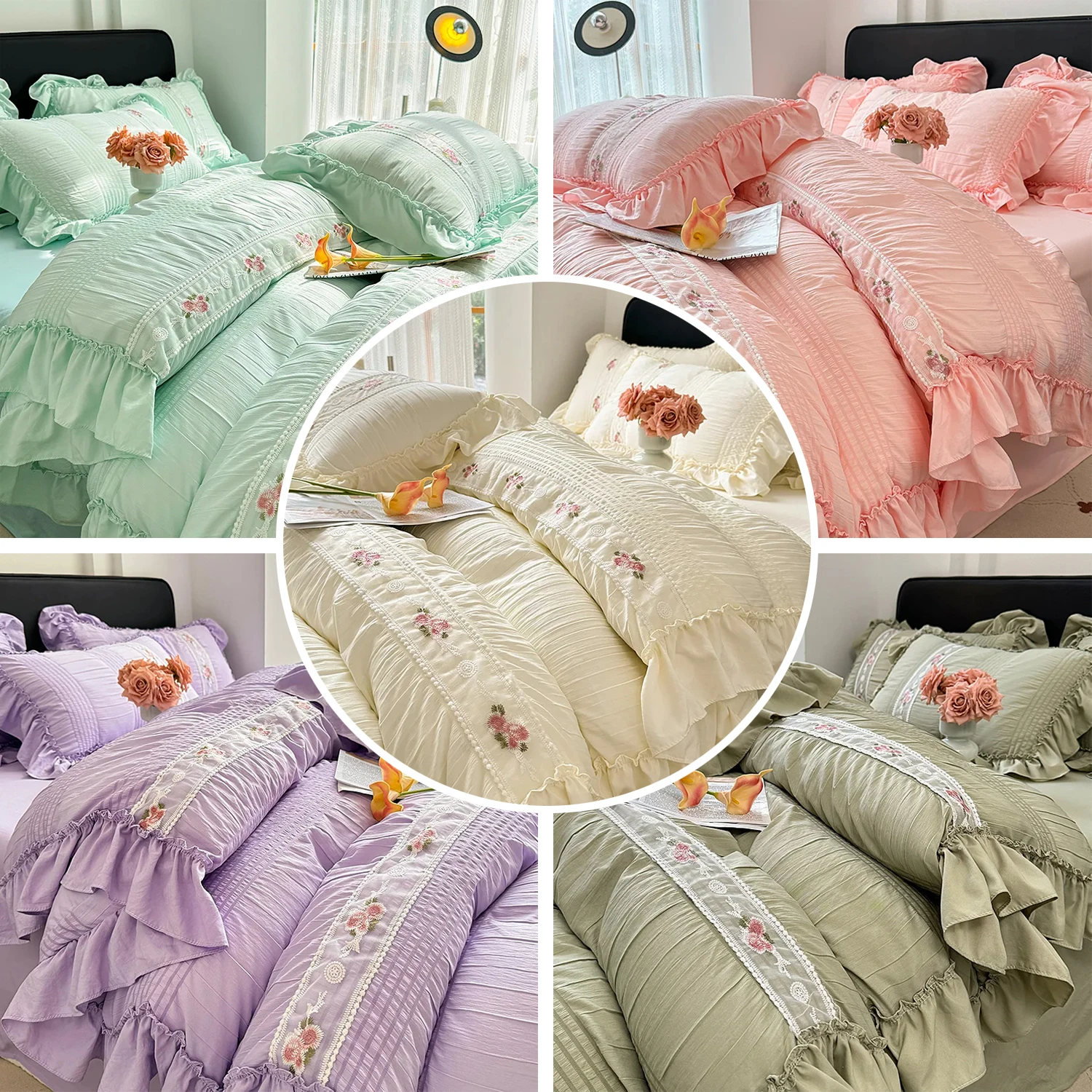 

Princess Style Korean Bedding Set Lace Seersucker 3/4PCS Bed Sheet Set Quilt Cover Solid Duvet Cover for Girl Spring Decor Home