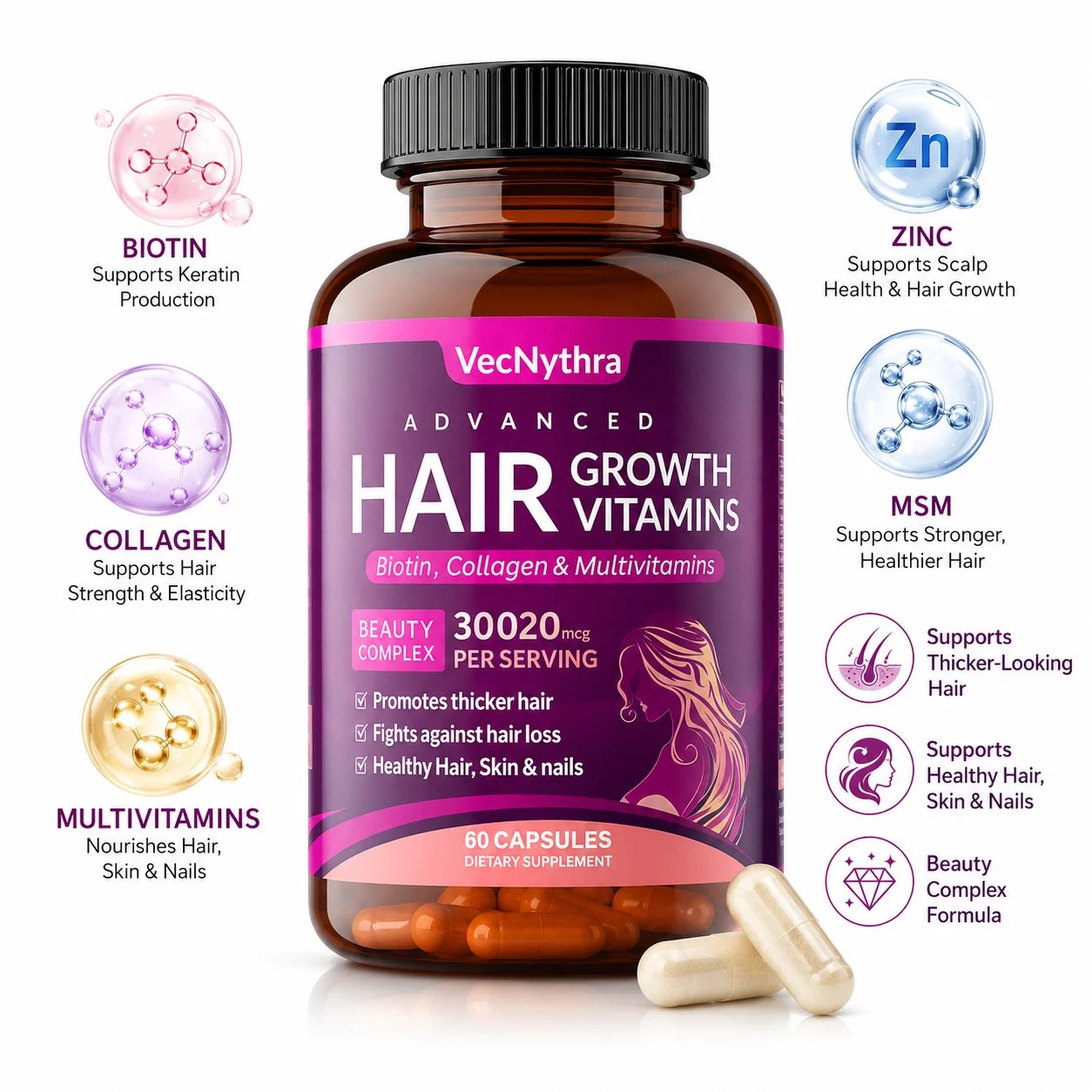 VecNythra Premium Hair Beauty Supplement Biotin Collagen