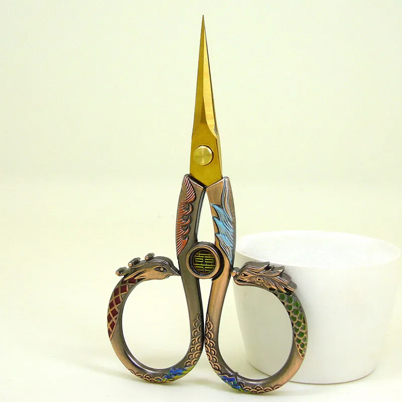 Vintage Dragon and Phoenix Scissors Stainless Steel Chinoiserie Tailor Sewing Scissors for Stitch Cutting Embroidery Handcraft