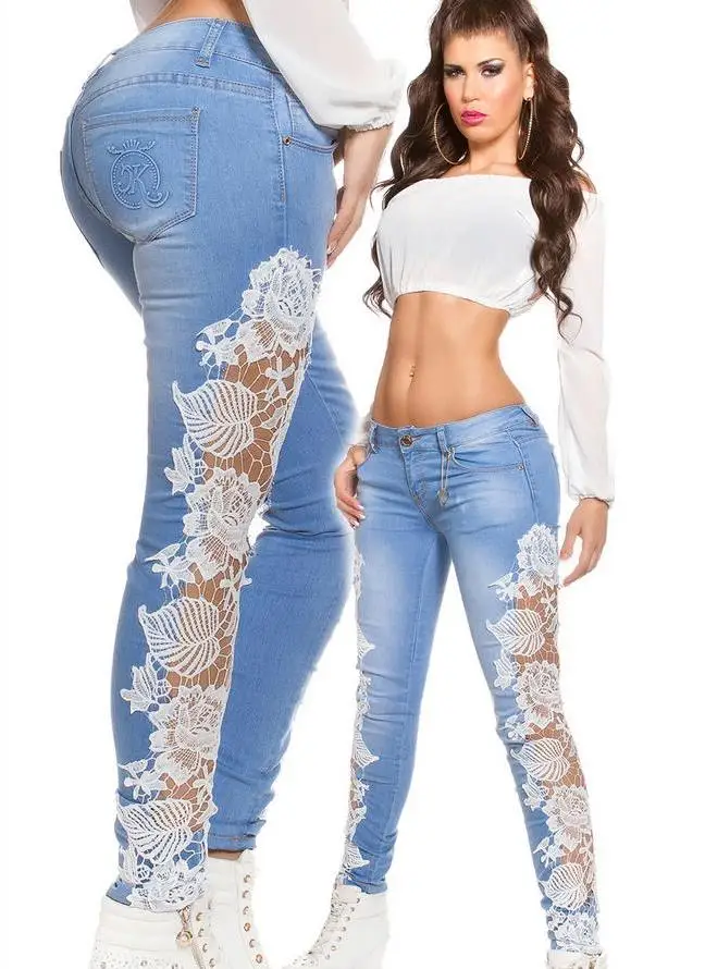

Джинсовые женские джинсы с кружевной вышивкой и открытой отделкой средней талии, новые летние джинсы из хлопка с талией