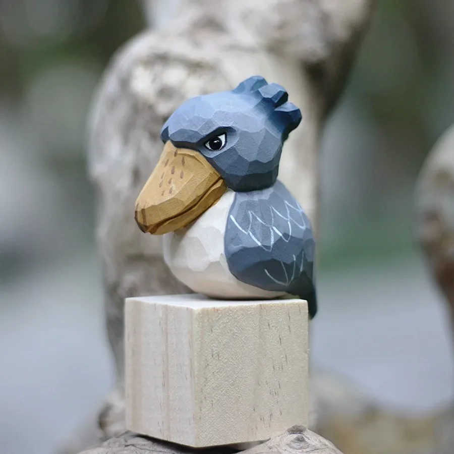 Handmade Wooden Carved Little Fat Bird Ornament Solid Wood Shoebill Figurines Wood Whale-headed Stork Crafts Desktop Decoration
