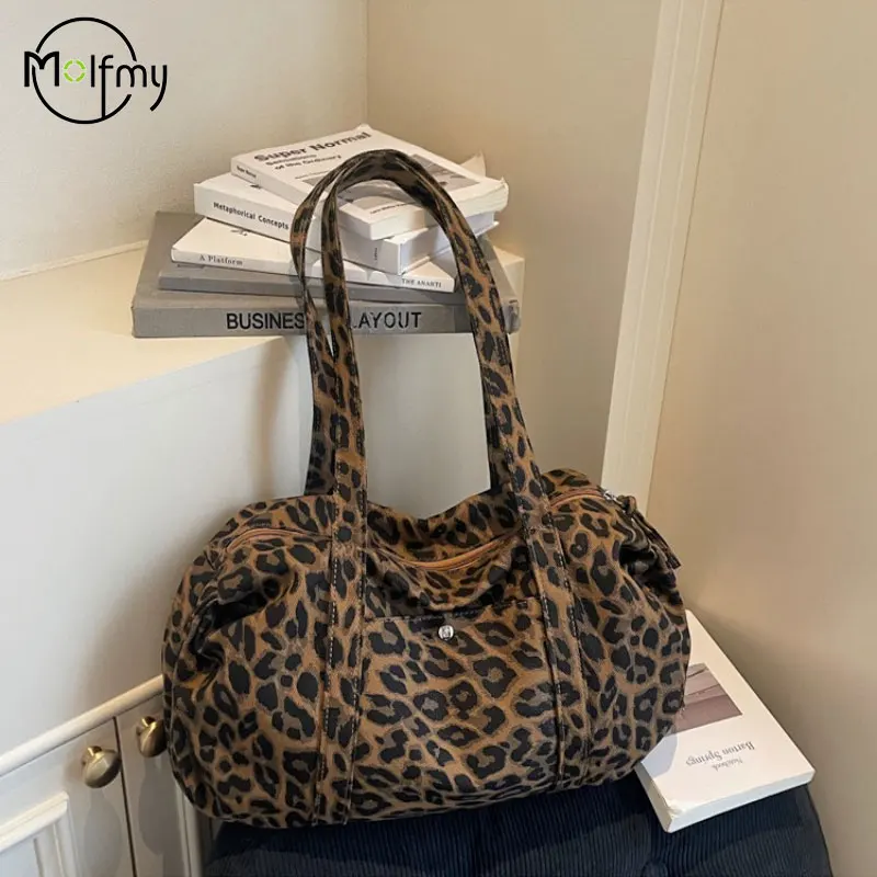 Trendy Leopard Print Shoulder Bag Canvas Large Capacity Multipocket Tote Bag Trendy Women Casual Purse High Quality Bag Bolsa