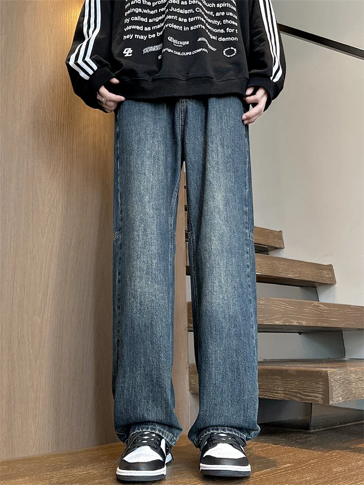 Retro American Blue Washed Patchwork Straight Leg Men's Jeans Casual Loose Design Spring New Style Casual Retro Pants