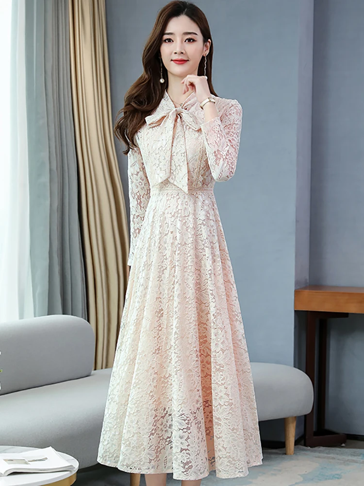 Autumn Winter Pink Lace Hook Flower Hollow Long Dress 2024 Fashion Chic Bow Collar Luxury Dress Women Vintage Party Night Dress