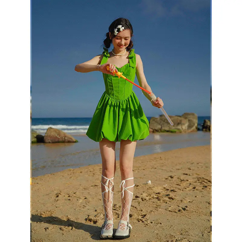 Robe trapèze en velours vert fruit pour femme, robe courte moelleuse, douce fille, taille amincissante, sangle à nœud en arête de poisson, taille haute, été