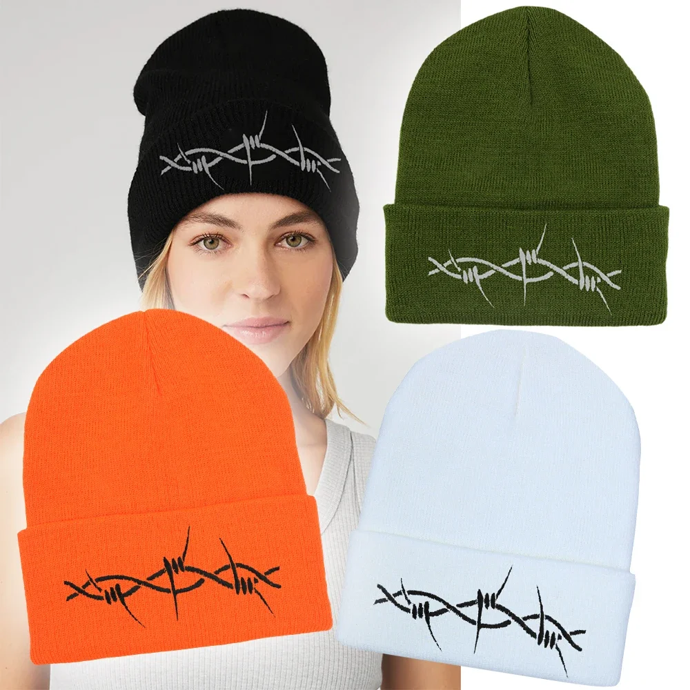 Barbed Wire Beanie Embroidery Grunge Knitted Hat Soft Gothic Y2k Punk Streetwear Winter Hat Unisex Outdoor Sports Hat