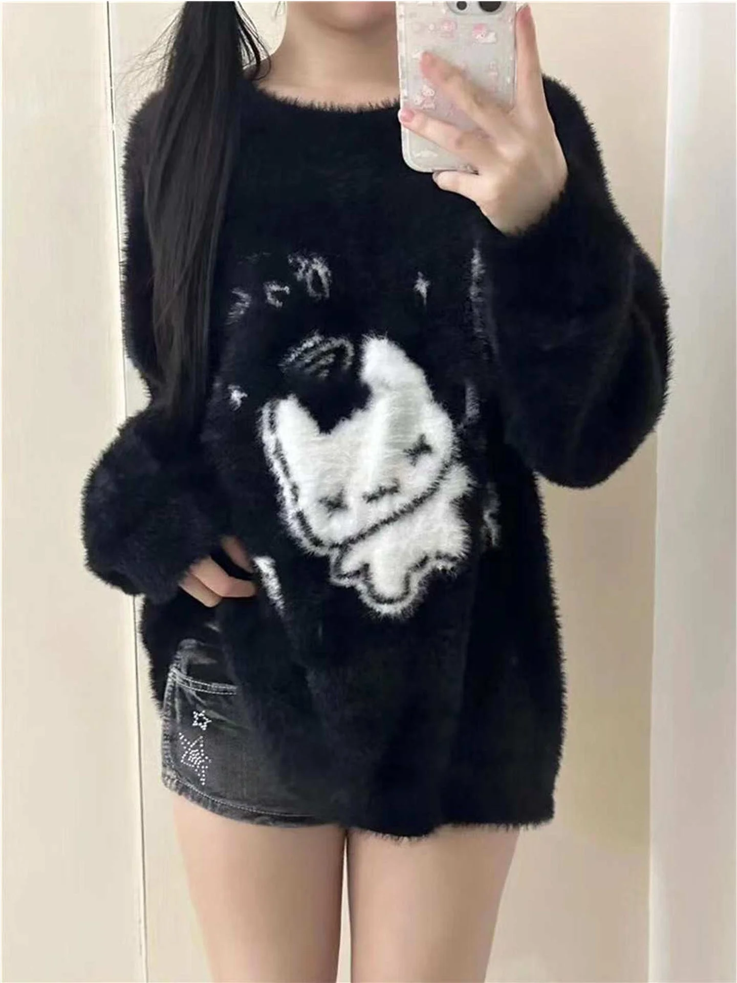 

Корейский Sle College мультфильм для похудения милый японский осенне-зимний свободный теплый круглый свитер Ne верхняя одежда пушистый длинный све