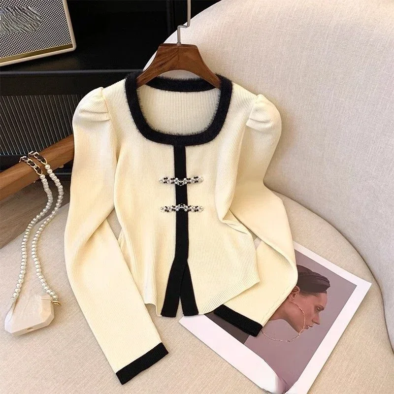 Neploe Elegant Fashion Square Collar Knitted Tops Women Autumn Long Sleeve Cardigans New Chinese Style Button Sweater Mujer