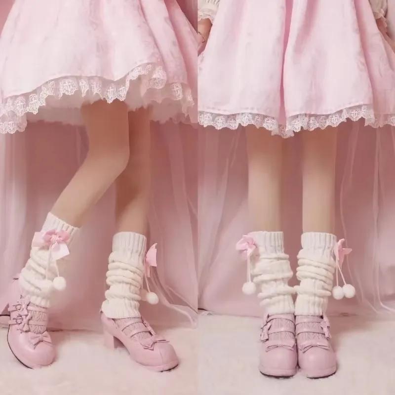 

Japanese Preppy Style Women Girls Leg Warmers Sweet Bow Plush Ball Boot Cuffs Foot Cover Lolita Chunky Twist Cable Knitted Knee