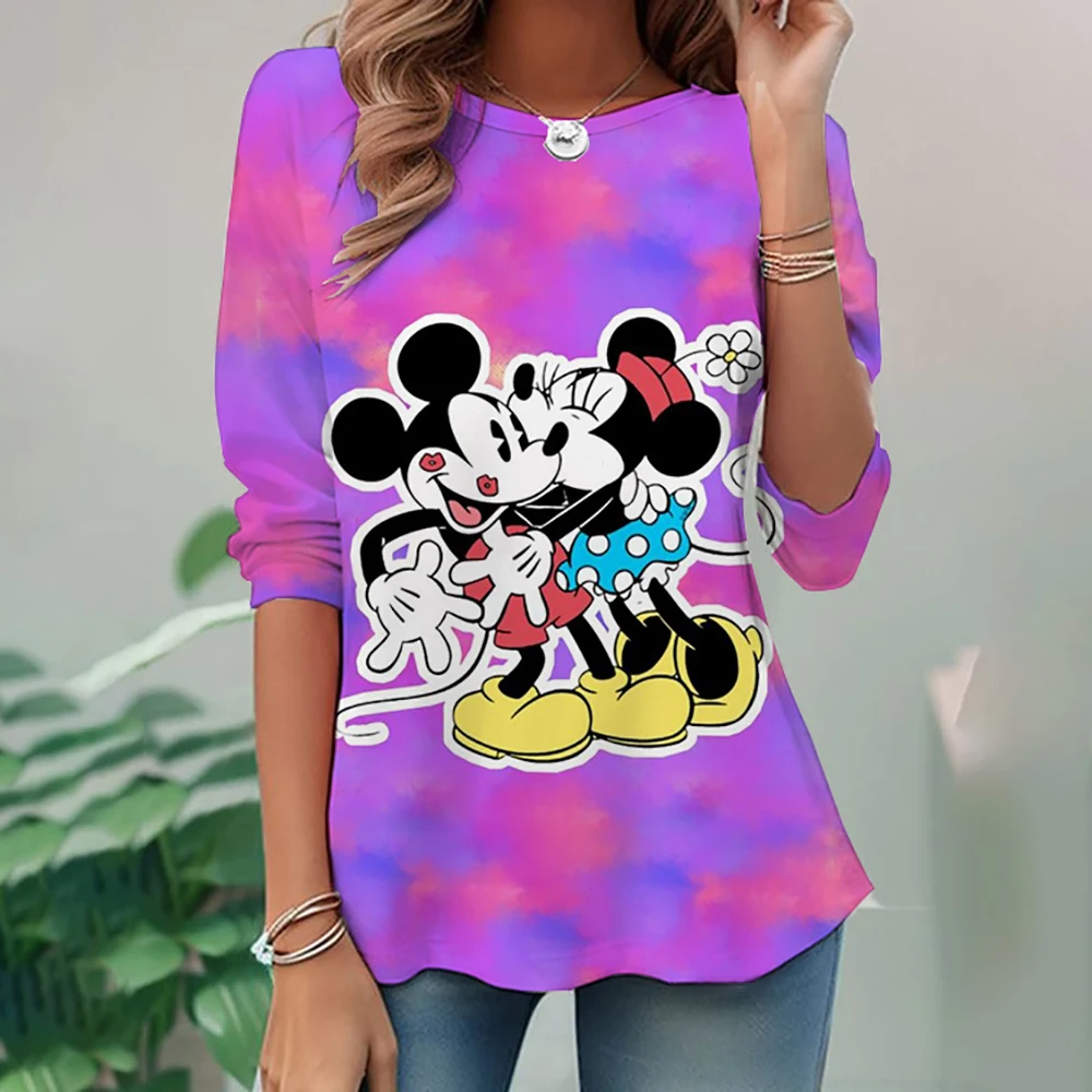 New Large Women's Long Sleeve Round Neck T-shirt Disney Mickey Mouse Loose Casual Fashion Street Women's Top