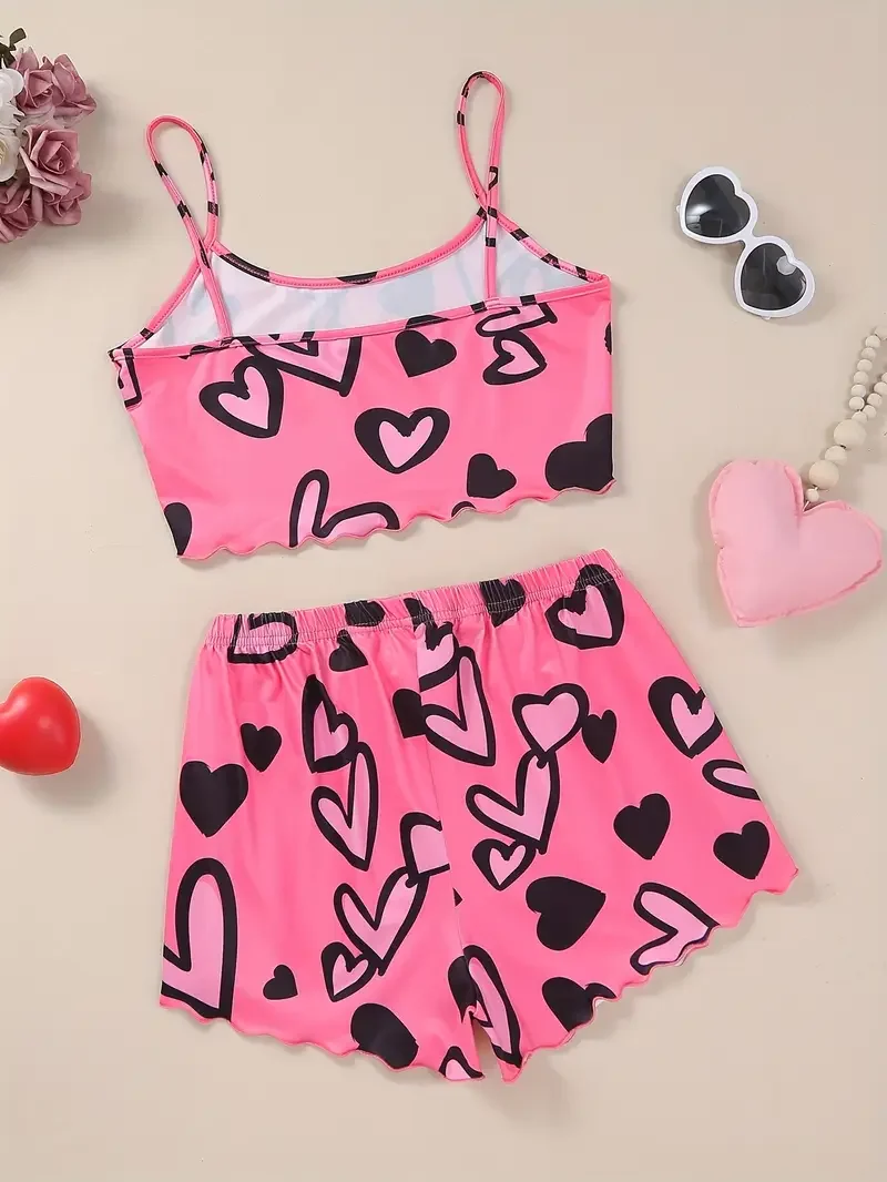 Summer Women\'s Sexy Pajamas Set Heart Print Sling Sleepwear V-Neck Pyjamas Sleeveless Cute Top and Shorts Loungewear