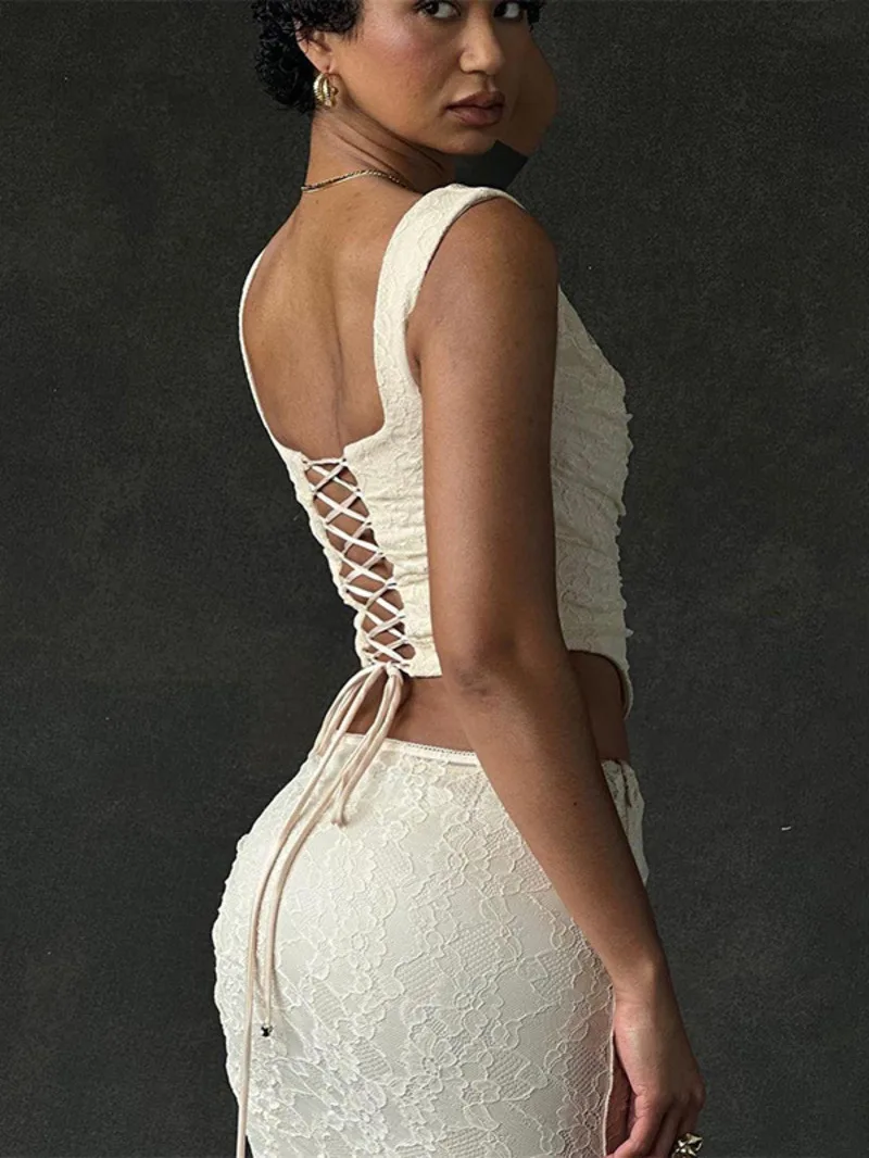 أنيقة الدانتيل قطعتين مجموعة المرأة غير النظامية تنورة طويلة ومشد أعلى النمط الفرنسي Bodycon فستان مطابقة مجموعات مثير مجموعة M9PO