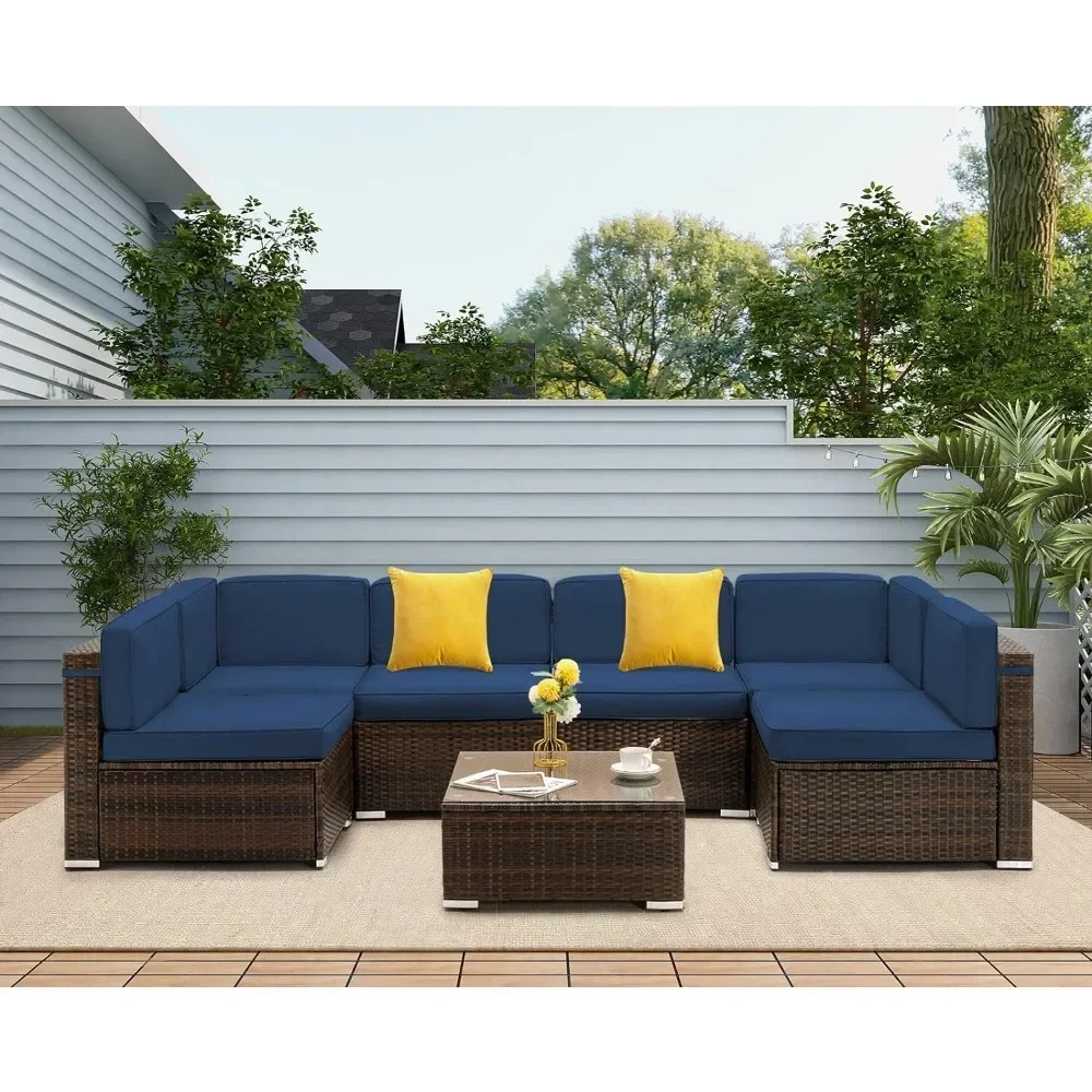 Outdoor Sofa Sets, with Glass Coffee Table for Garden Backyard Deck, 7 Piece Outdoor Garden Sofa Set