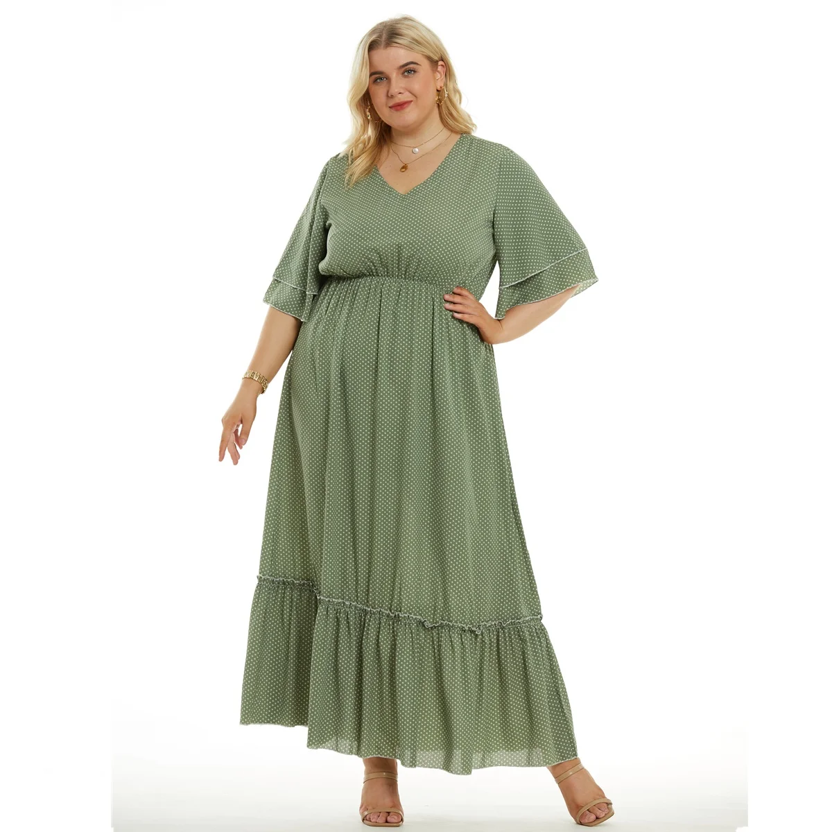 Plus Size New Arrival Fashional V dekolt pół rękawa zielony kolor w stylu Casual, letnia długie sukienki w stylu boho dla dużych kobiet