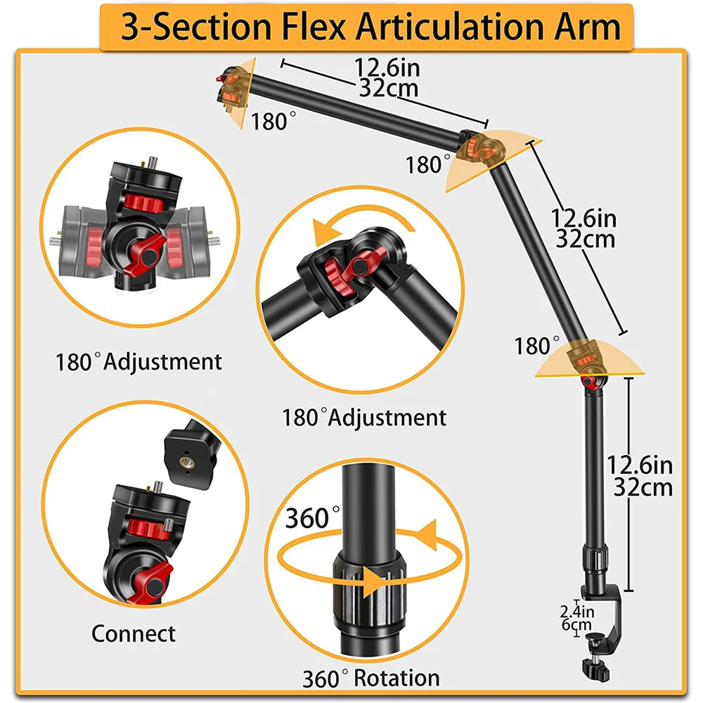 New Articulated Arm for Gopro Camera Camcorder Tablet Desk Bracket Smartphone Overhead Stand Flexible Mount Filming Mic Light