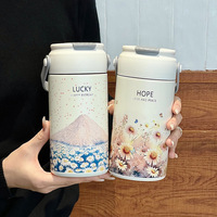 750ml/550ml Fashion Flower Stainless Steel 316 Vacuum Flask With Straw And Filter Adult Student Coffee Tea Thermal Bottle
