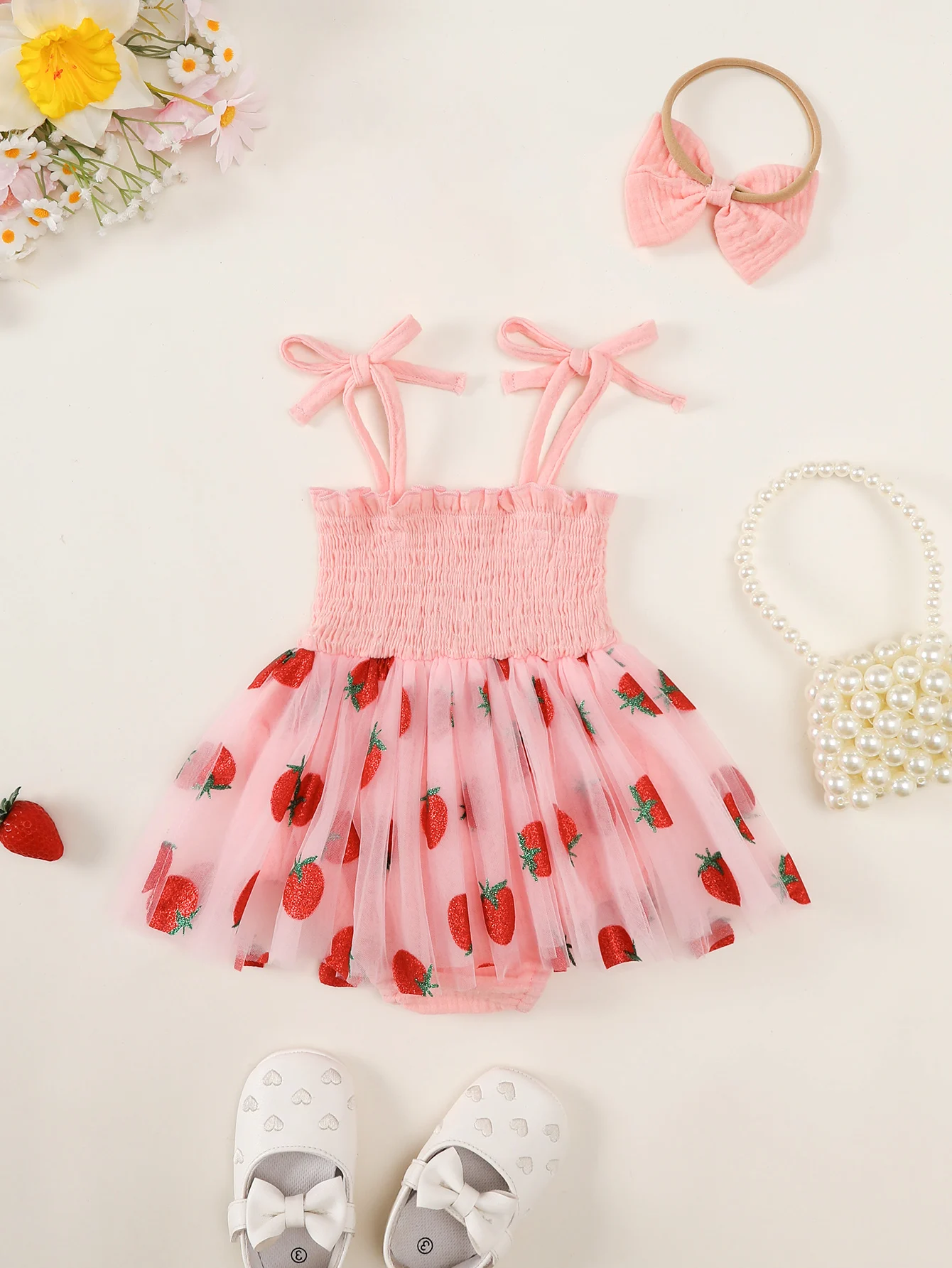 Strawberry Patterned Baby Girl's Tulle Skirt with Headwear Infant Fashion Accessory Set