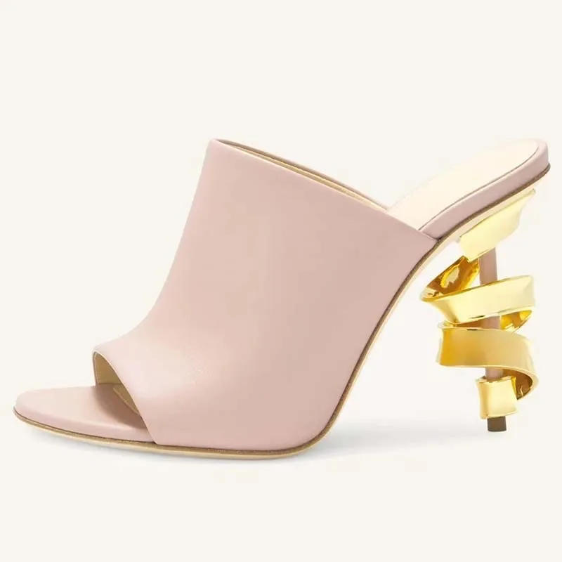 Модные тканые сабо особой формы на высоком каблуке, нишевые круглые тапочки с открытым носком, удобная женская обувь из мягкой кожи