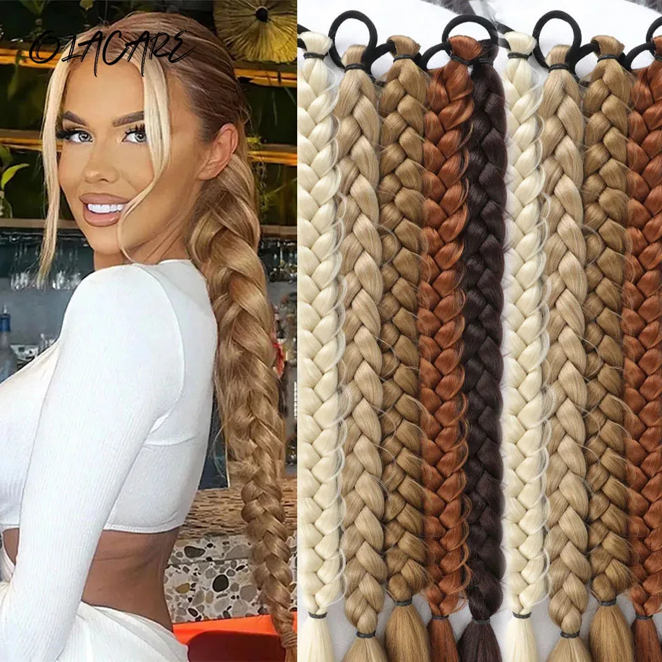 OLACARE Synthetic Long Twist Braid Ponytail Extensions With Rubber Band 24 Inch Boxing Braided Hair Extensions For Women Daily