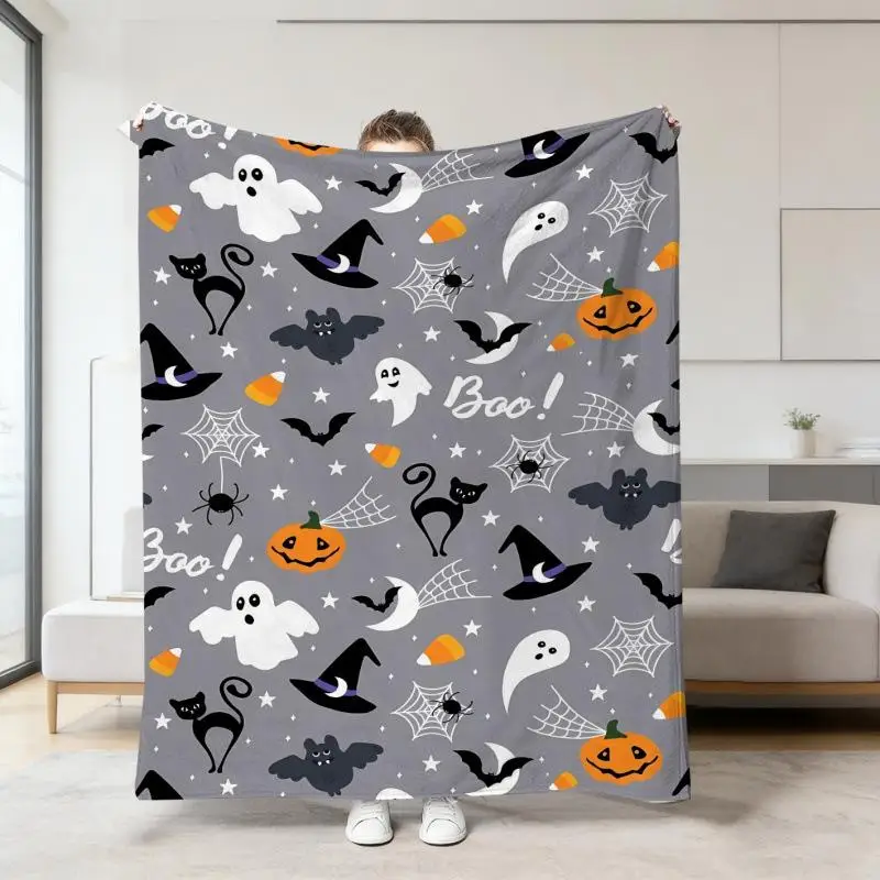 Halloween-Orange-Deckenbezug mit Cartoon-Geister- und Totenkopf-Druck, Flanell-Schlafdecke, Sofabezüge, Multifunktionale Dekorative Decken – Detail 19