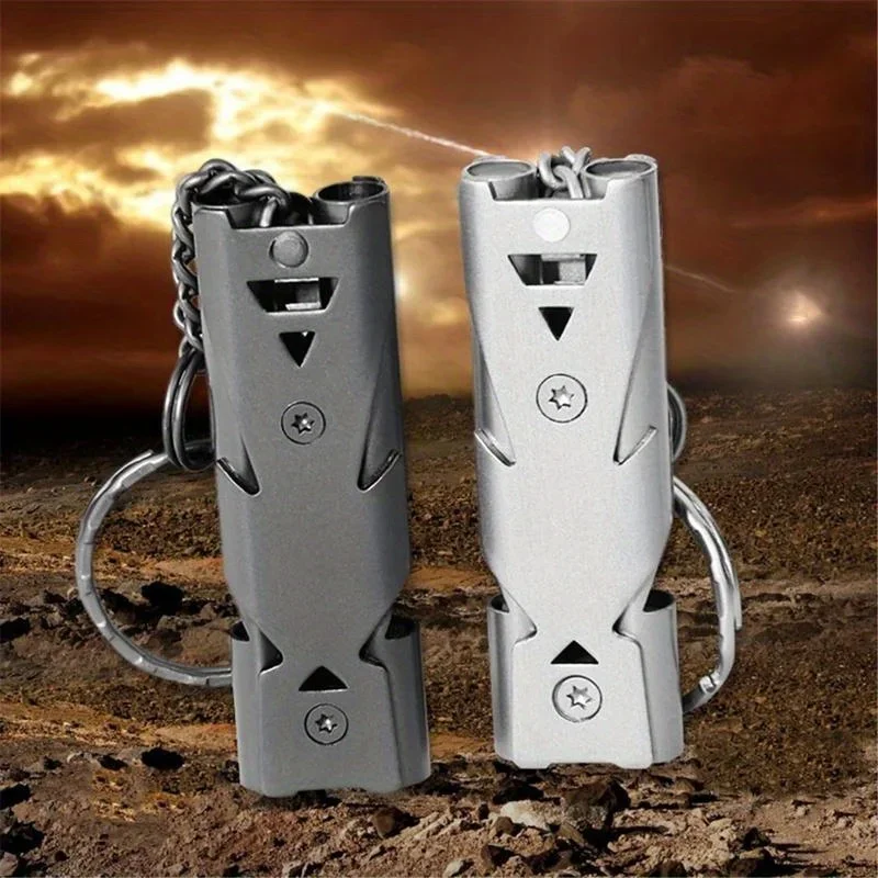 

Outdoors High Decibel Portable Keychain Whistle Stainless Steel Double Pipe Emergency Survival Whistle Multifunction Tools