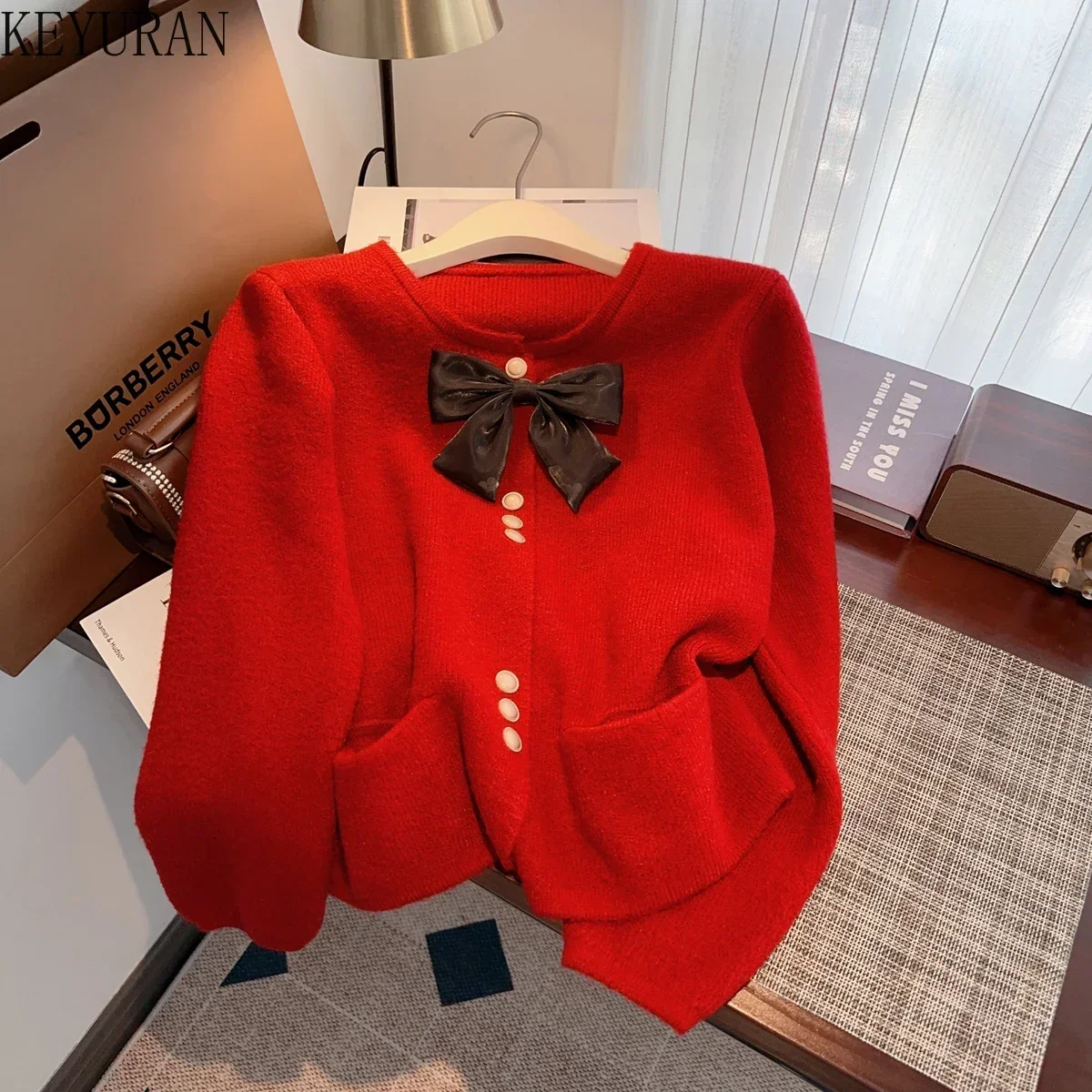 Sweet BowKnot Sweater Jacket Women Knitted Cardigan Pink Vintage Fashion O-neck Long Sleeve Single Breasted Knitwear Tops Jumper