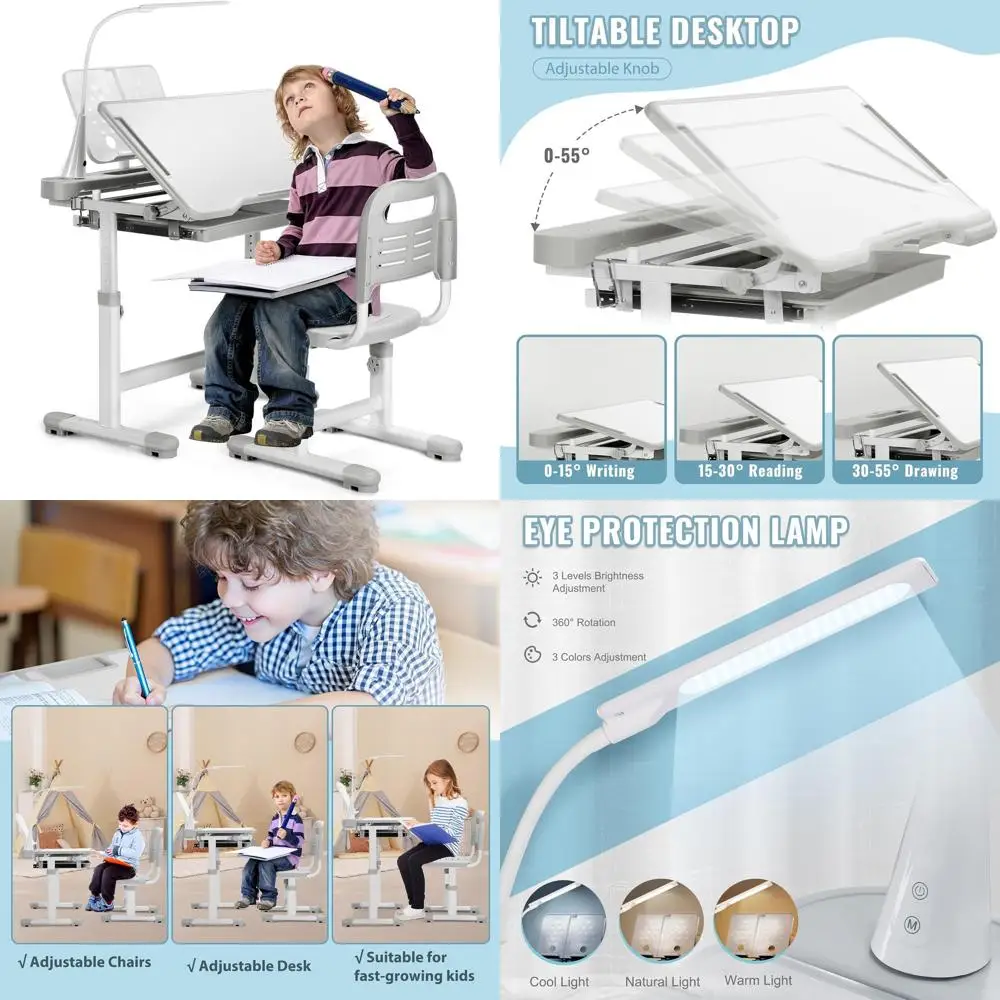

Adjustable Height Kids Desk & Chair Set with 55° Tilt, LED Light, Storage Drawer, and Metal Hooks - Grey
